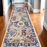 10' Ivory Red and Blue Ogee Distressed Runner Rug