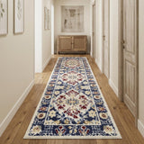 12' Ivory Red and Blue Ogee Distressed Runner Rug