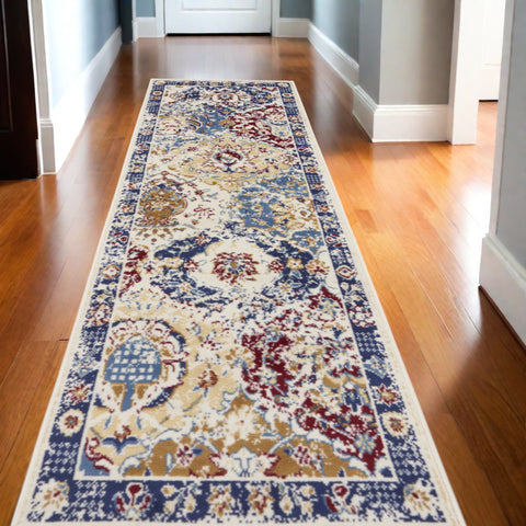 12' Ivory Red and Blue Ogee Distressed Runner Rug