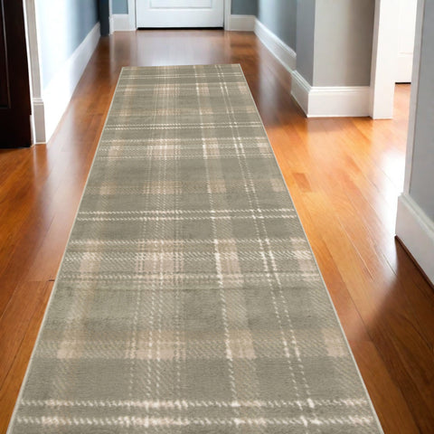 12' Olive Green and Ivory Plaid Runner Rug