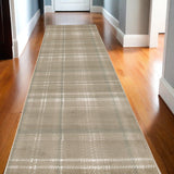12' Taupe and Ivory Plaid Runner Rug