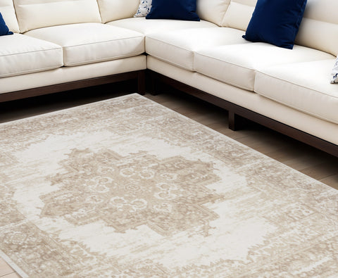 7' X 10' Ivory Floral Power Loom Area Rug