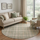 8' Olive Green and Ivory Plaid Round Rug