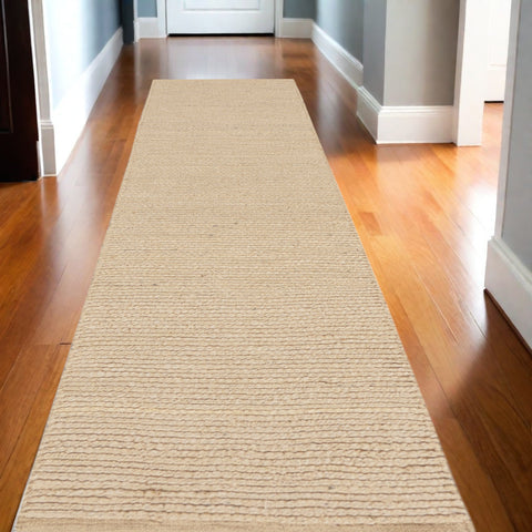 12' Beige Jute Hand Woven Runner Rug