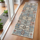 6' Ivory Tan And Blue Geometric Flatweave Runner Rug