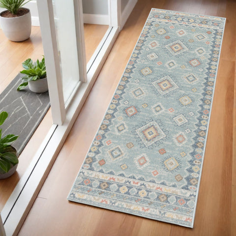 6' Blue Light Blue and Orange Geometric Flatweave Runner Rug