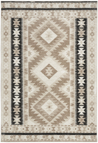 5' X 7' Beige Black And Tan Geometric Flatweave Area Rug