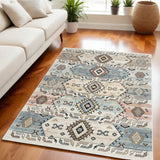 5' X 7' Ivory Tan And Blue Geometric Flatweave Area Rug