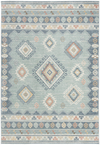 5' X 7' Blue Light Blue and Orange Geometric Flatweave Area Rug