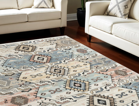 7' X 9' Ivory Tan And Blue Geometric Flatweave Area Rug