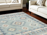 7' X 9' Blue Light Blue and Orange Geometric Flatweave Area Rug