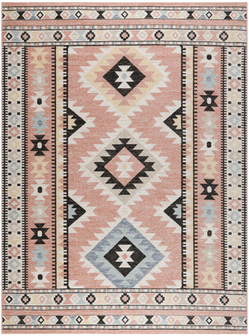 8' X 10' Ivory Pink And Black Geometric Flatweave Area Rug