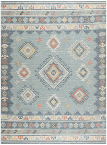 8' X 10' Blue Light Blue and Orange Geometric Flatweave Area Rug