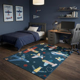 4' X 6' Navy Red and Orange Juvenile Airplanes Youthful Area Rug