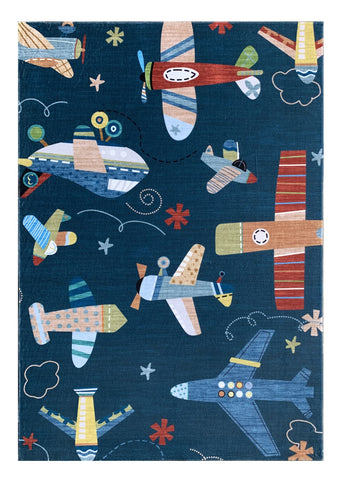 5' X 8' Navy Red and Orange Juvenile Airplanes Youthful Area Rug