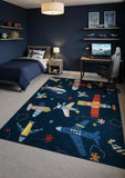 7' X 10' Navy Red and Orange Juvenile Airplanes Youthful Area Rug