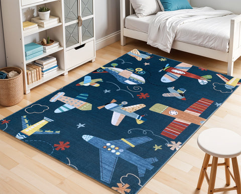 7' X 10' Navy Red and Orange Juvenile Airplanes Youthful Area Rug