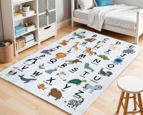 5' X 8' Gray Brown and Green Juvenile Alphabet Youthful Area Rug