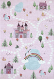 7' X 10' Pink White and Blue Juvenile Castle and Rainbow Youthful Area Rug