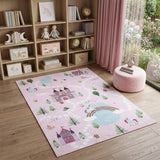 7' X 10' Pink White and Blue Juvenile Castle and Rainbow Youthful Area Rug