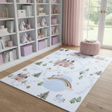4' X 6' Off White Brown Green And Blue Castle and Rainbow Youthful Area Rug