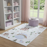 5' X 8' Off White Brown Green And Blue Castle and Rainbow Youthful Area Rug