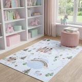 7' X 10' Off White Brown Green And Blue Castle and Rainbow Youthful Area Rug