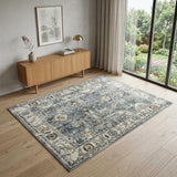 4' X 6' Blue Ivory and Brown Oriental Area Rug