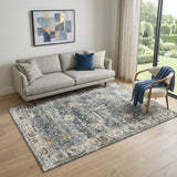 5' X 8' Blue Ivory and Brown Oriental Area Rug