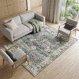 7' X 10' Blue Ivory and Brown Oriental Area Rug