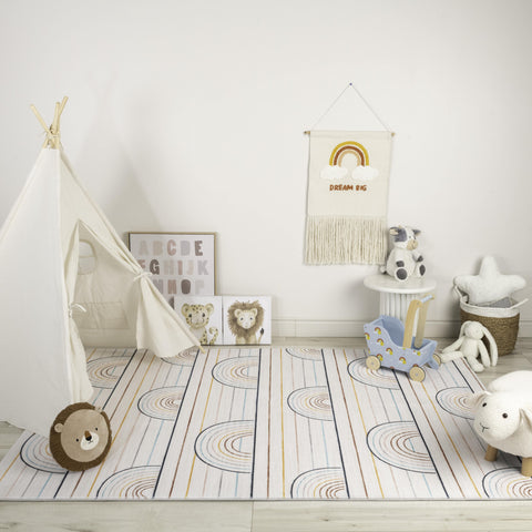 4' X 6' Ivory Blue and Yellow Juvenile Rainbows Youthful Area Rug