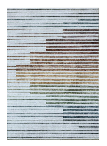 5' X 8' Beige Blue and Brown Striped Area Rug