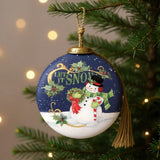 Let It Snow Hand Painted Blue White And Red Glass Ball Ornament