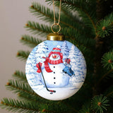 Hockey Snowman Hand Painted White Blue And Red Glass Ball Ornament