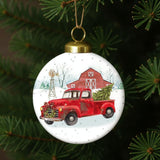 Christmas on the Farm Red Truck Hand Painted Red And White Glass Ball Ornament