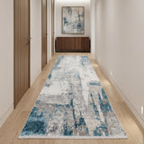 3' X 10' Gray Blue And Ivory Abstract Runner Rug With Fringe