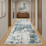 3' X 10' Ivory Blue And Brown Abstract Runner Rug With Fringe