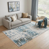 5' X 8' Ivory Blue And Brown Abstract Area Rug With Fringe