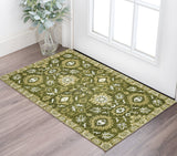 2' X 3' Olive Green Ivory And Light Brown Wool Floral Medallion Hand Hooked Area Rug