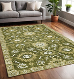 5' X 8' Olive Green Ivory And Light Brown Wool Floral Medallion Hand Hooked Area Rug
