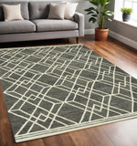 5' X 8' Dark Gray And Ivory Wool Geometric Hand Hooked Area Rug