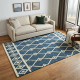 5' X 8' Blue And Ivory Wool Argyle Hand Hooked Area Rug