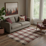 5' X 7' Brick Red Black And Ivory Jute Plaid Hand Woven Area Rug With Fringe