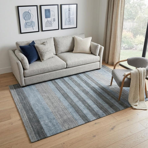 5' X 8' Gray And Light Blue Wool Striped Hand Woven Area Rug