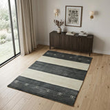 4' X 6' Charcoal And Ivory Wool Striped Hand Woven Area Rug
