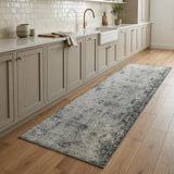 8' Gray And Black Floral Medallion Runner Rug