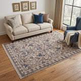 5' X 8' Tan And Blue Oriental Area Rug With Fringe