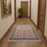 3' X 10' Teal Brown And Beige Oriental Runner Rug With Fringe