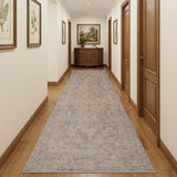 3' X 10' Blue And Sand Floral Medallion Runner Rug With Fringe