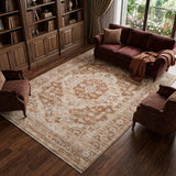 8' X 10' Sand And Brown Floral Medallion Area Rug With Fringe